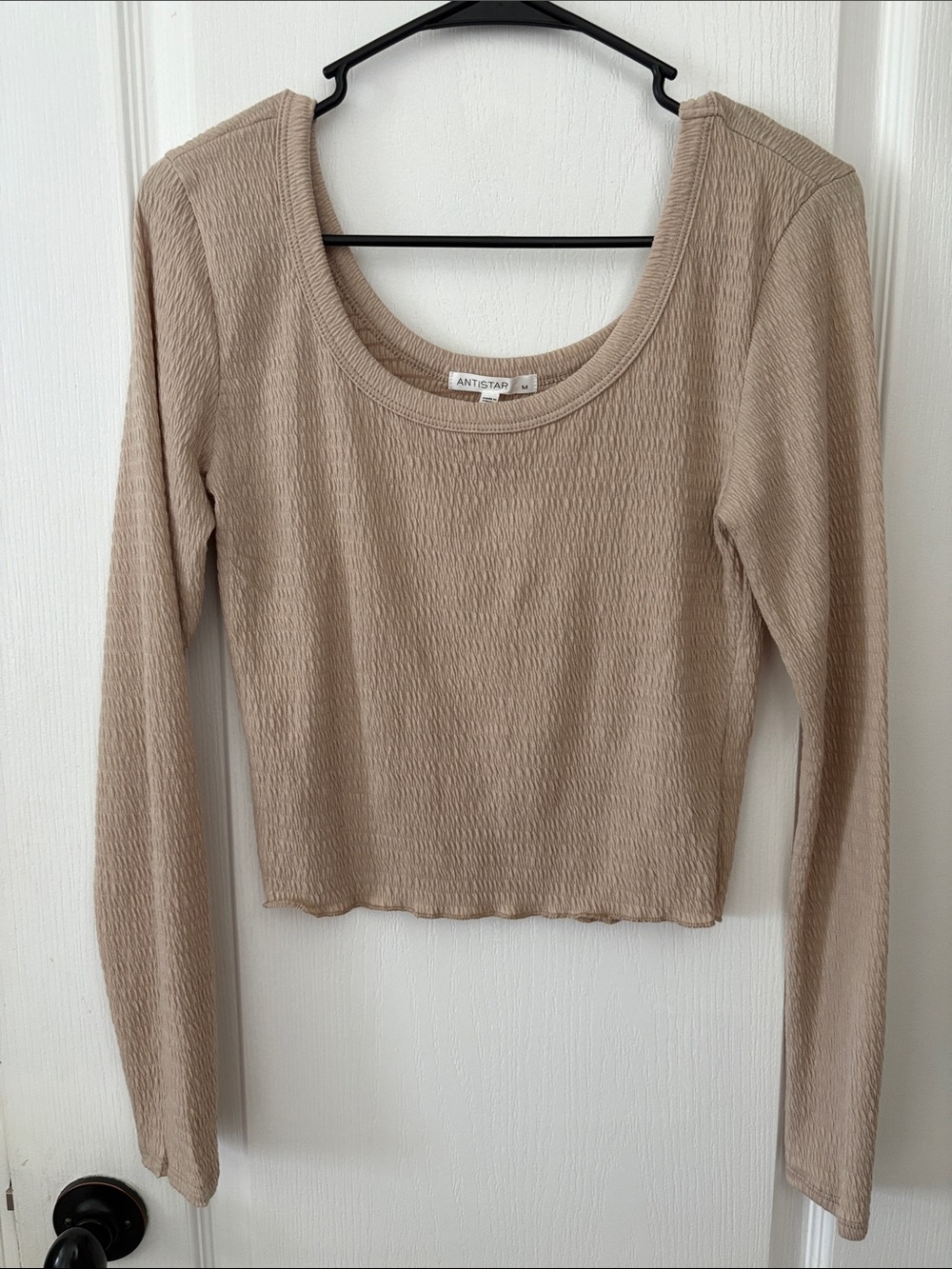Antistar Textured Scoop Neck Long Sleeve Fitted Top in Light Beige